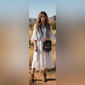 NWT Trenditions  Fringe Black Leather Western Boho Crossbody Purse Bag